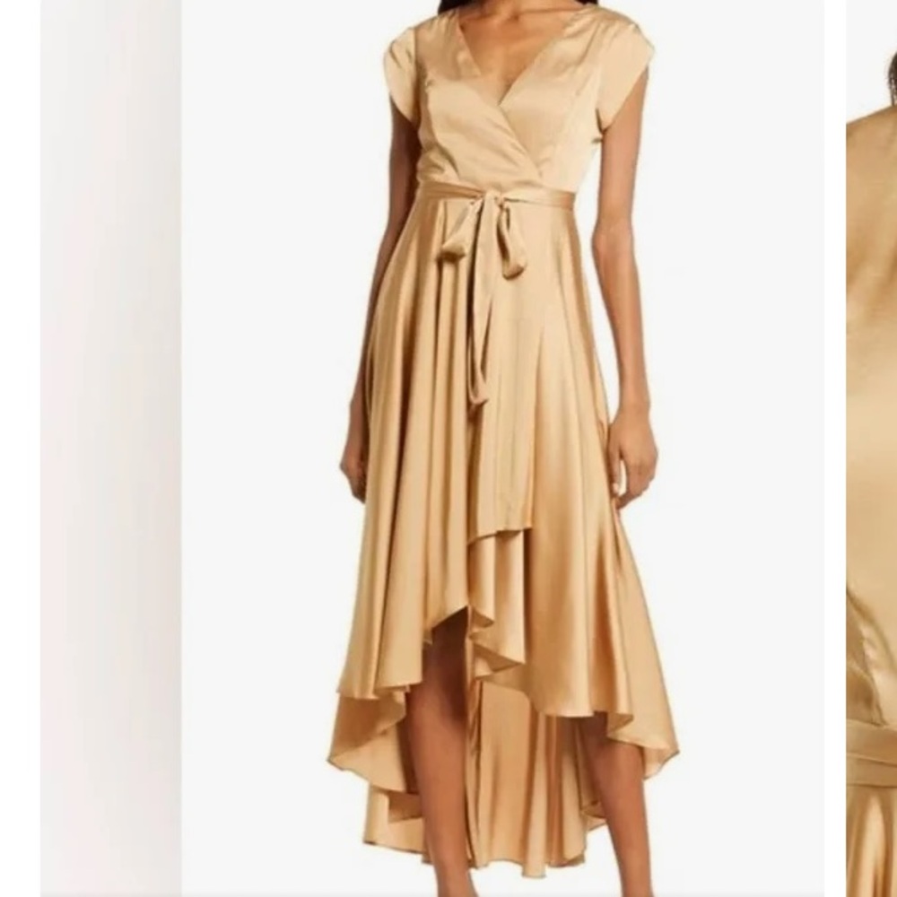 Lulus fallen for you satin high-low champagne dress.